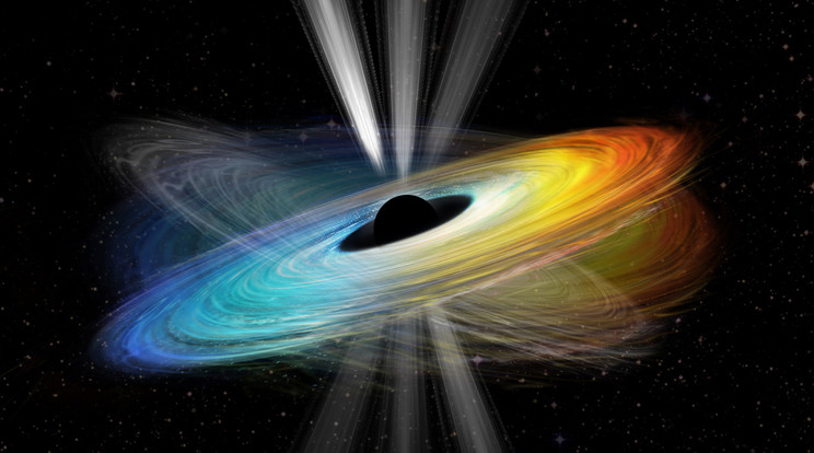 Így képzelik el az M87 feketelyuk működésést az asztrofizikusok. A fekete lyuk forgástengelye feltételezhetően függőlegesen áll. A sugár iránya majdnem merőleges a korongra. A fekete lyuk forgástengelye és a korong forgástengelye közötti eltérés a korong és a jet precesszióját (imbolygását) váltja ki. / Kép: Yuzhu Cui et al./Intouchable Lab@Openverse/Zhejiang Lab