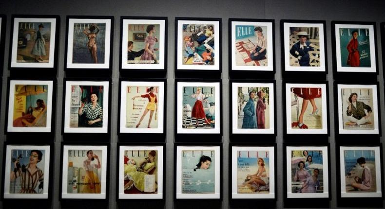 Covers of Elle Magazine are displayed on July 10, 2014 at the Palais Galliera in Paris