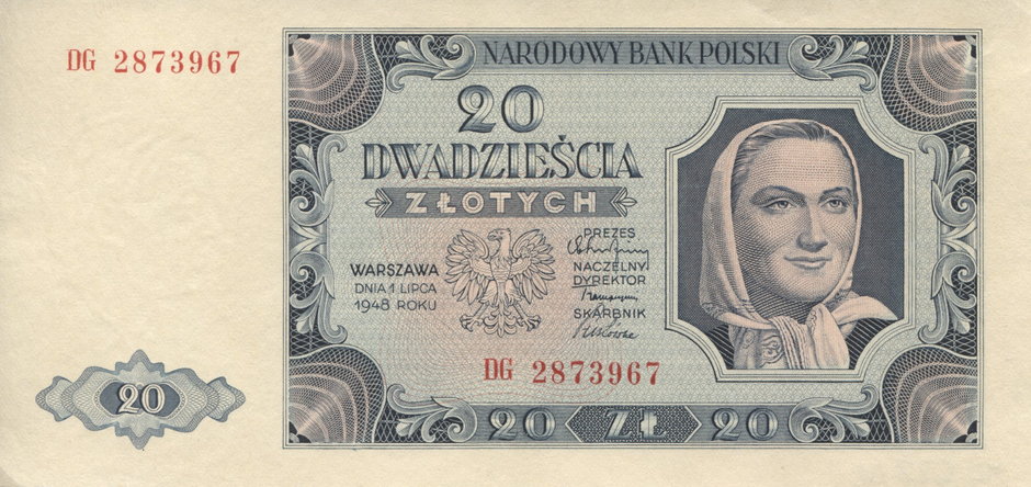 20 zł wprowadzone do obiegu w 1950 r, Zbiory Muzeum Papiernictwa w Dusznikach Zdroju sygn MD622N (a)