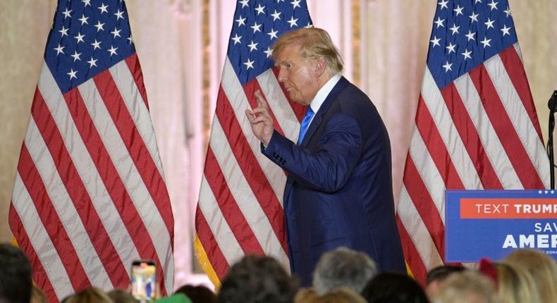 Donald Trump waves to guests during an election night party at Mar-a-Lago, Tuesday, November 8, 2022 in Palm Beach, Florida.Phelan M. Ebenhack for The Washington Post via Getty Images