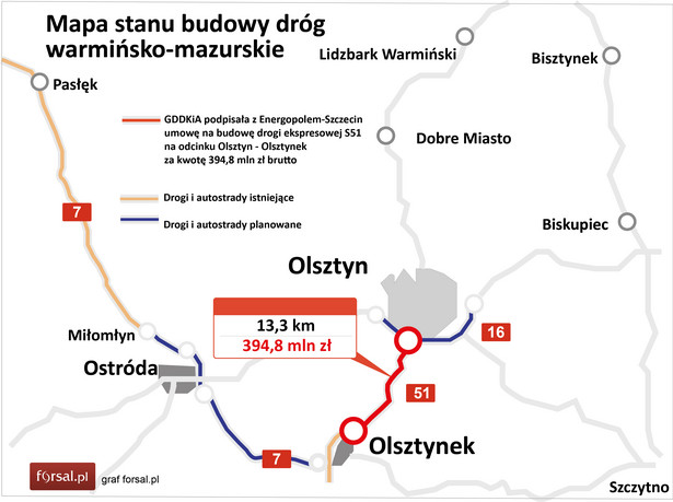 GDDKiA: Energopol-Szczecin ma umowę na budowę trasy S51 pod Olsztynem [MAPA]