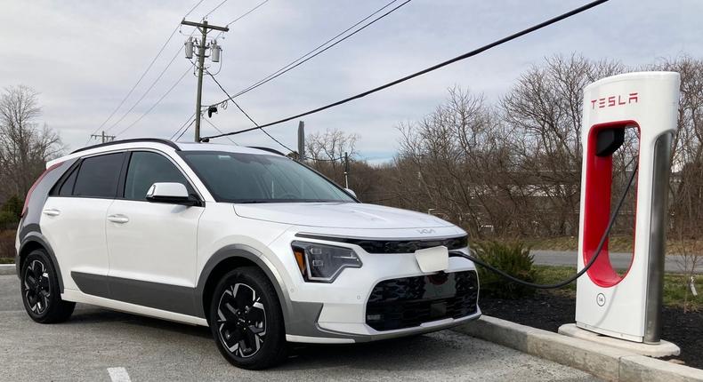 The Kia Niro EV charges at a Tesla Supercharger in Brewster, NY.Tim Levin/Insider