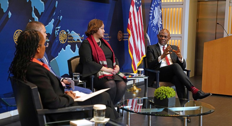 Makila James, a USIP senior advisor; Joshua Meservey, a senior policy analyst at the Heritage Foundation; Dana Banks, senior director for Africa at the U.S. National Security Council; and Tony Elumelu discuss entrepreneurship and peacebuilding in Africa.