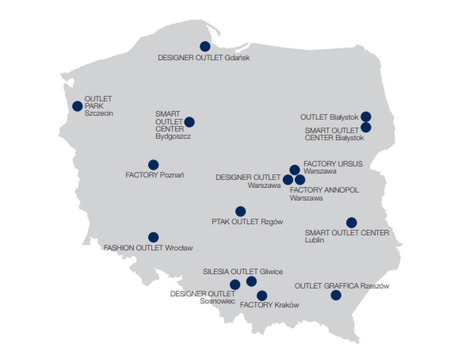 Mapa centrów outletowych w Polsce. Jest ich w naszym kraju 16