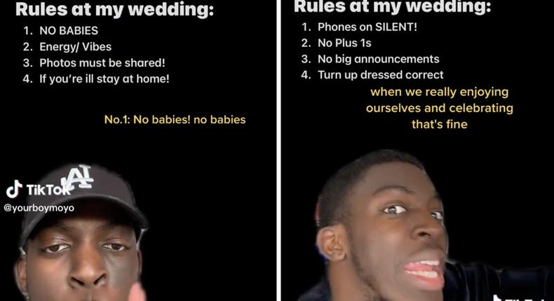 Wedding rules videos have amassed millions of views and tons of dissenting opinions.@yourboymoyo / TikTok