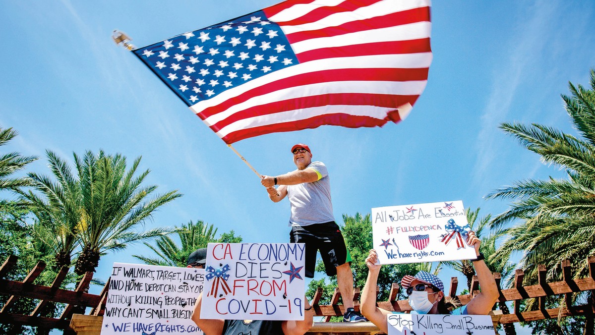 O SAY CAN YOU SEE? Protesters in Rancho Cucamonga, California,showing their displeasure with a state stay-athome order this May