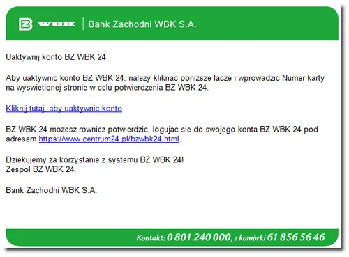 Fałszywa wiadomość do klientów banku BZ WBK. fot. G Data.