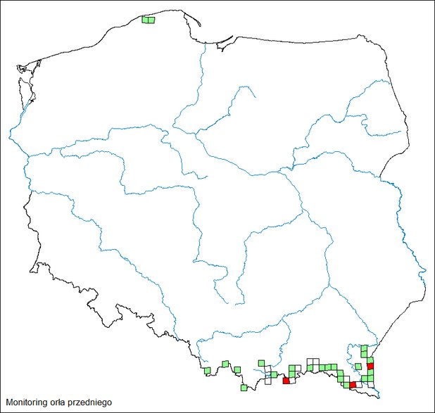 Rozmieszczenie stanowisk lęgowych orła przedniego w roku 2021 (czerwone - więcej niż 1 para, zielone - 1 para, obrys - brak stwierdzeń)