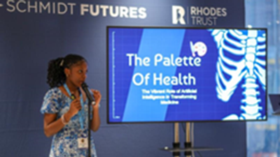 2022 Rise Global Winner Emmanuela Ilok (Nigeria) gives a presentation at the 2023 Rise Residential Summit in England on the transformative power of Artificial Intelligence (AI).