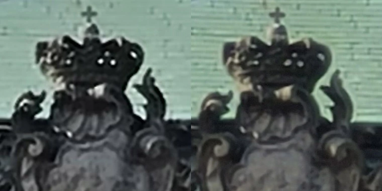 Wycinek sceny pierwszej zapisanej z zoomem cyfrowym 10x ukazujący różnice w poziomie jakości odzwierciedlania detali i plastyczności sceny - zdjęcie z Galaxy S21 5G po lewej, z Galaxy S20 FE 5G po prawej