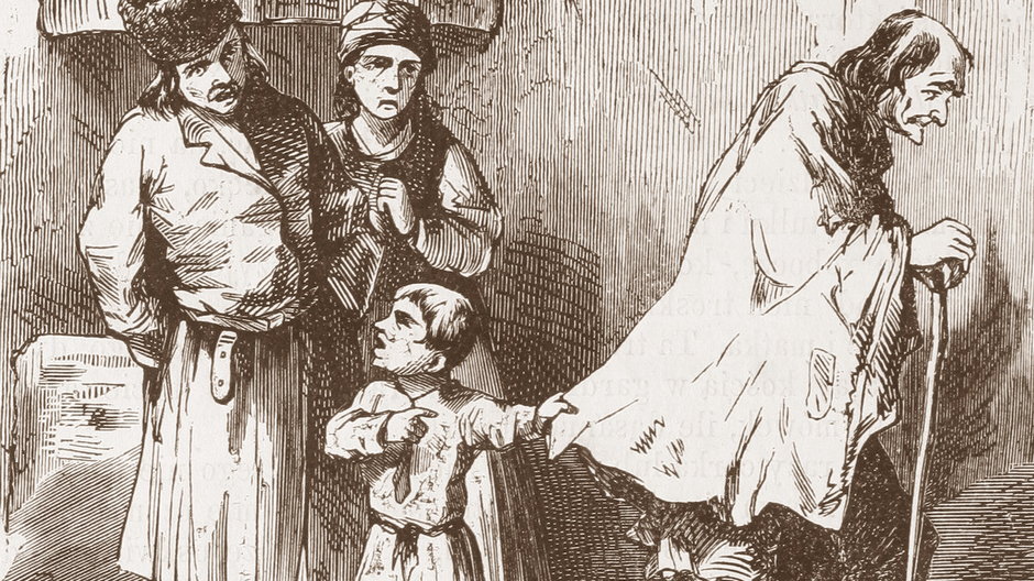 Wnuczek broniący dziadka wyganianego z chałupy. Rysunek z początku lat 60. XIX wieku (polona).