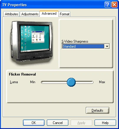 W Advanced możemy zmieniać ostrość obrazu (tylko przy połączeniu karty z telewizorem kablem S-Video), a także regulować siłę filtra usuwającego migotanie obrazu
