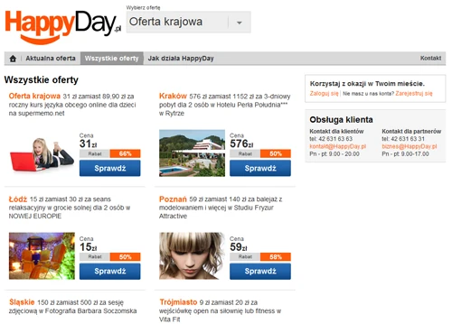 Formuła HappyDay.pl jest dobrze znana. Kampania reklamowa i interesujące oferty mogą przysporzyć mu użytkowników, o których walczą także Gruper.pl, FastDeal.pl, Groupon.pl, Citeam.pl i Ruszaj.pl. Szykuje się zażarta walka o portfele internautów