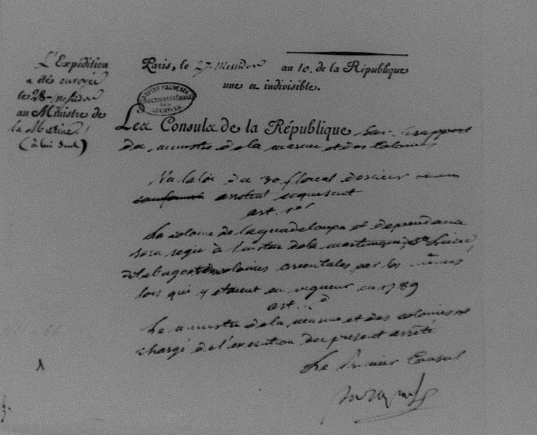 Fragment dekretu odtwarzającego niewolnictwo na Gwadelupie
