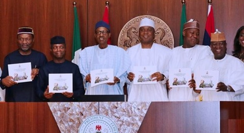 L-R: President Buhari, Senate President, Speaker of House of Representatives, Chairman of Governors' Forum and other members of the Executive arm of Government.