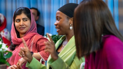 L-R: Malala Yousafzai, Maryam Taaooma Apaokagi, and Susan Pwajok [Grace Ekpu/Malala Fund]