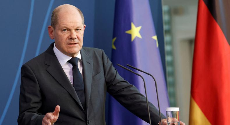 German Chancellor Olaf Scholz addresses the media during a joint statement with European Parliament President Roberta Metsola at the Chancellery in Berlin, Germany, Tuesday, March 22, 2022.