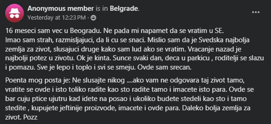Objava u grupi Srbi u Švedskoj