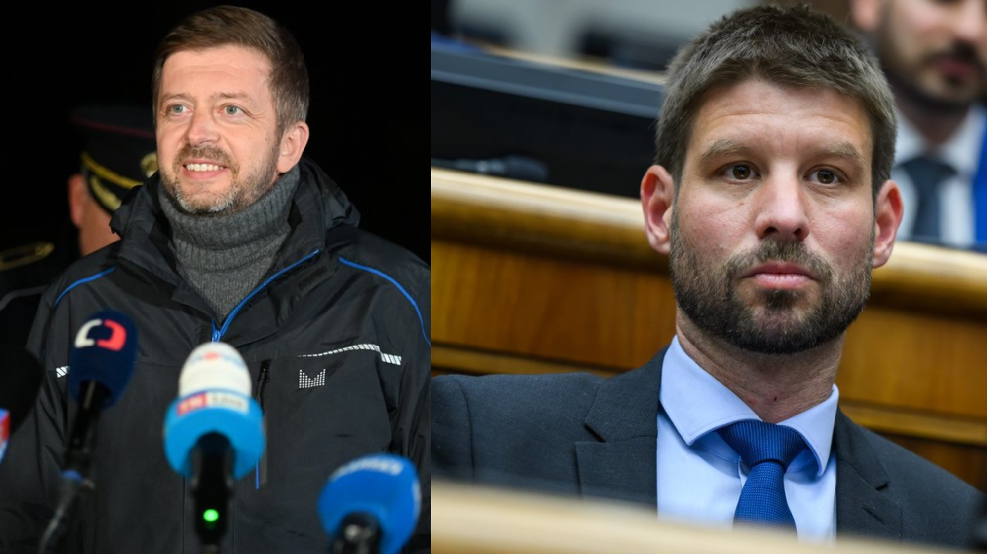Český minister vnútra Vít Rakušan a líder opozičného PS Michal Šimečka.