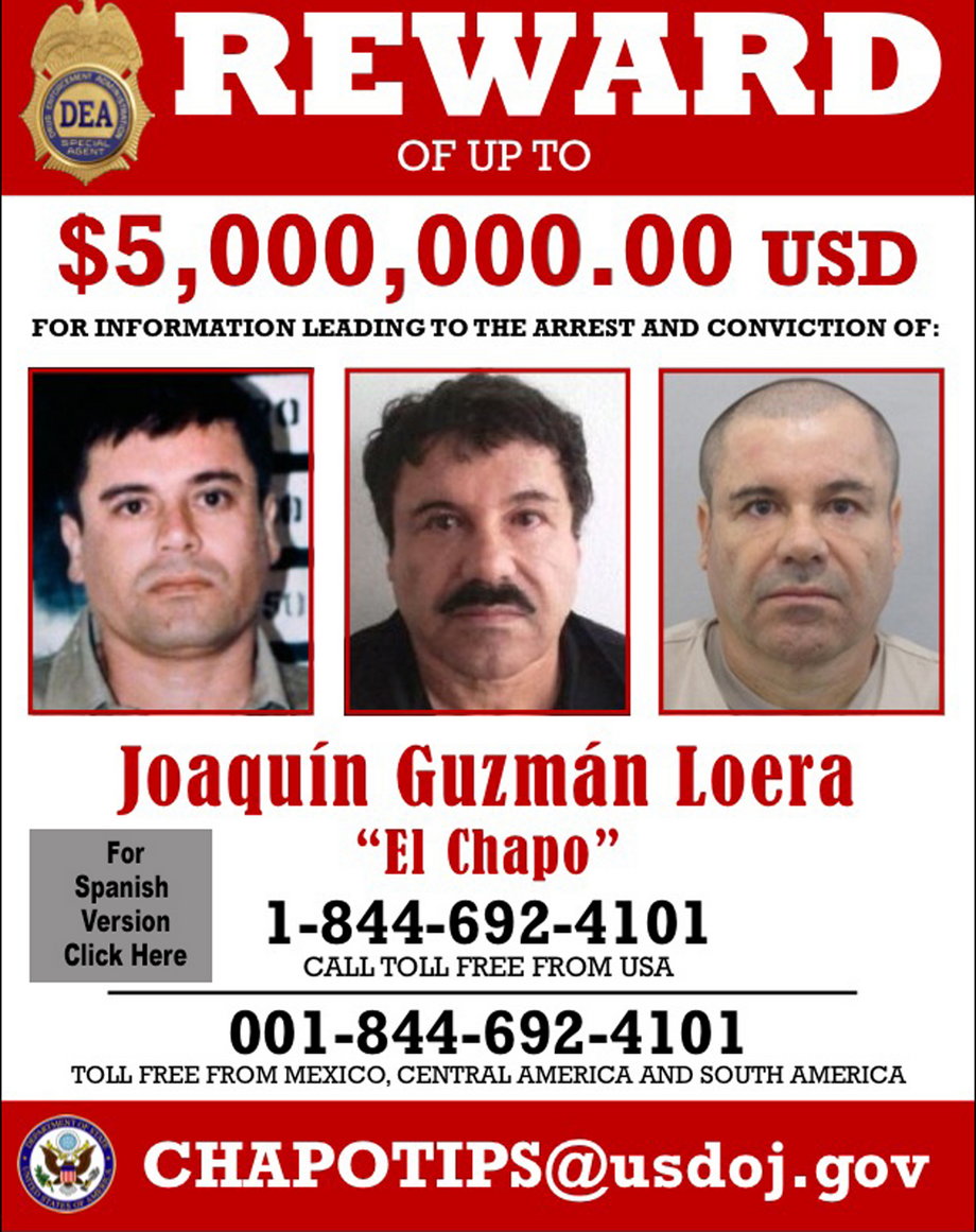 The US Drug Enforcement Administration wanted poster showing El Chapo in this image made available in Washington on August 5.