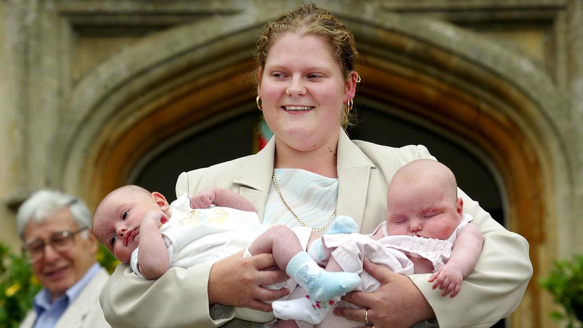 File picture shows the world's first test-tube baby Britain's Brown, facing the media as Professor Edwards looks on, in Cambridgeshire