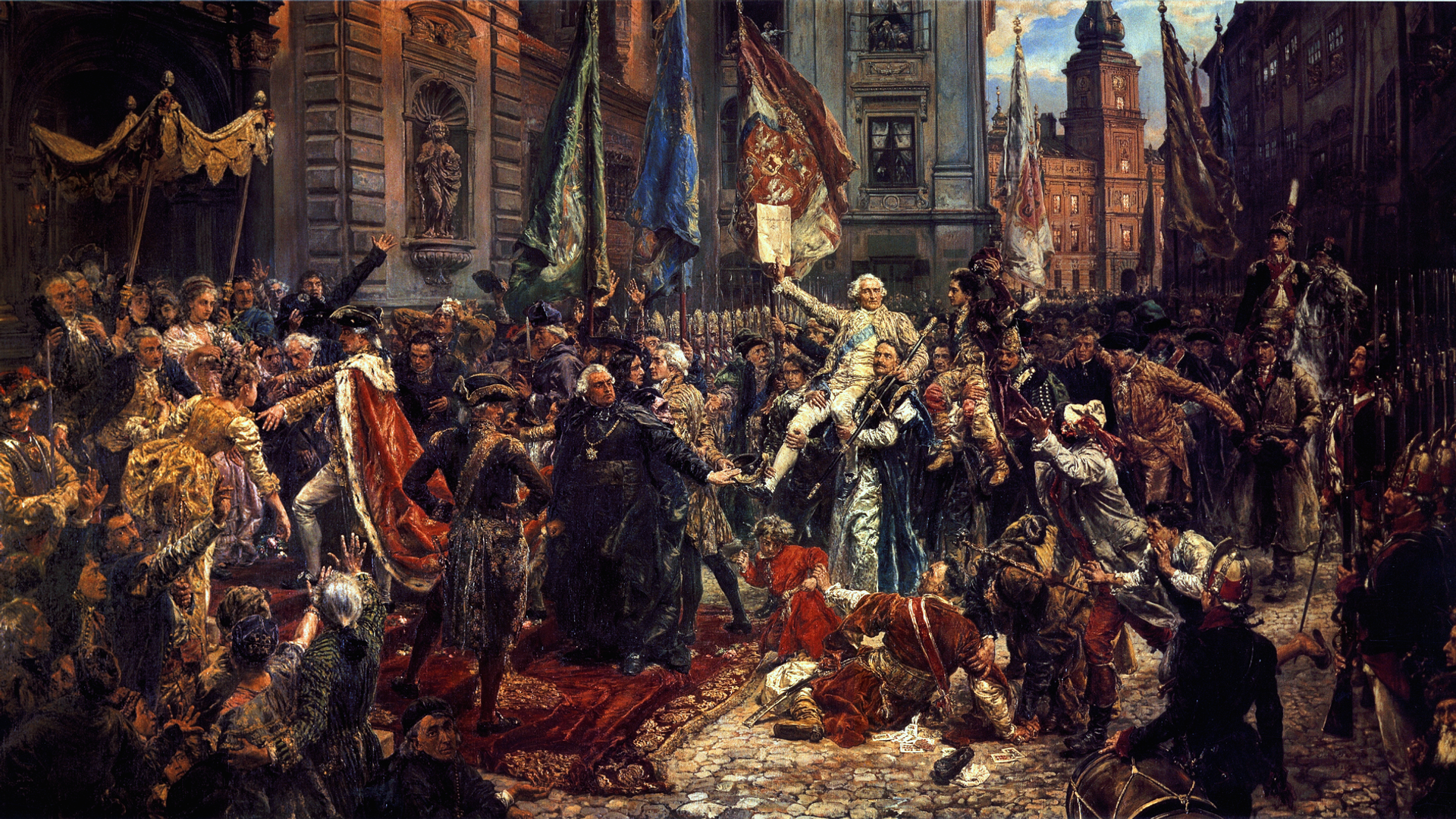 Uchwalona w 1791 roku Konstytucja 3 maja formalnie zniosła prawo liberum veto, które zdaniem wielu historyków było jedną z głównych przyczyn upadku I Rzeczpospolitej. To obowiązujące od 1652 roku prawo — połączone z zasadą jednomyślności — pozwalało każdemu pojedynczemu posłowi zapobiec przyjmowaniu uchwał przez Sejm. W efekcie państwo stało się niezdolne do wprowadzania reform. Obecnie wady i zalety zasady jednomyślności głosowań w Radzie Unii Europejskiej są jedną z głównych osi debaty na temat przyszłości UE. (Ilustracja: Jan Matejko, "Konstytucja 3 maja", zbiory Zamku Królewskiego w Warszawie)