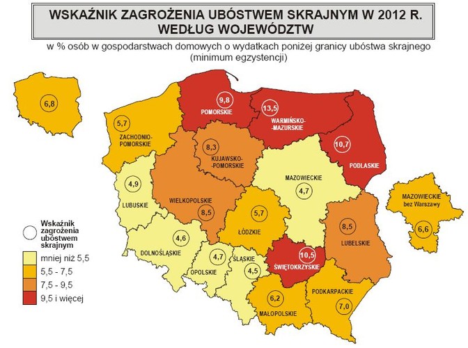 Wskaźnik zagrożenia ubóstwem skrajnym w 2012 roku według województw - mapa, źródło: GUS