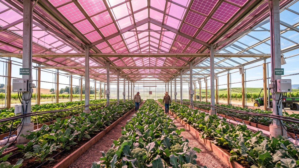 Invenția cu panouri solare roz care permite cultivarea hranei și generarea de energie pe același teren