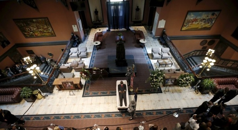 Mourners pay their respects at the casket of Senator Clementa Pinckney as he lies in state inside the rotunda of the State Capitol in Columbia, South Carolina.