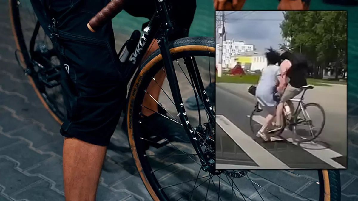 Rowerzysta z impetem wpadł na kobietę (screen: YouTube.com/Kto Ci Dał Prawo Jazdy?)