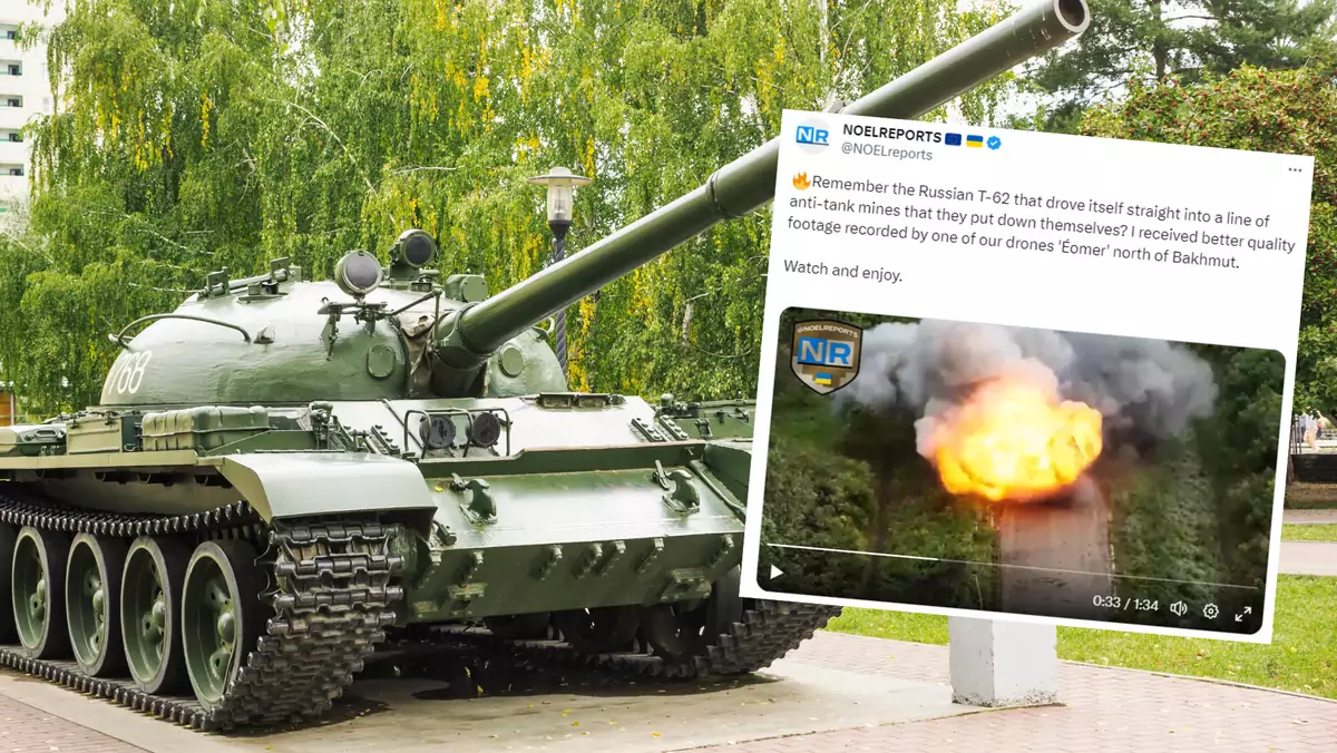 Rosyjski czołg T-62 wjechał na minę podłożoną przez żołnierzy Putina (screen: NOELreports/Twitter)