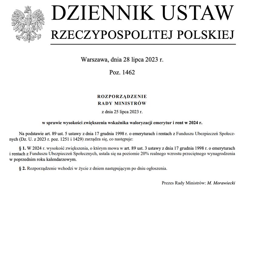 Rozporządzenie o waloryzacji na 2024 r. już jest opublikowane w Dzienniku Ustaw