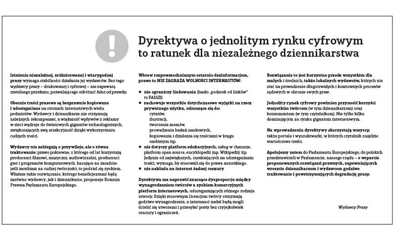 Dyrektywa o jednolitym rynku cyfrowym to ratunek dla niezależnego dziennikarstwa