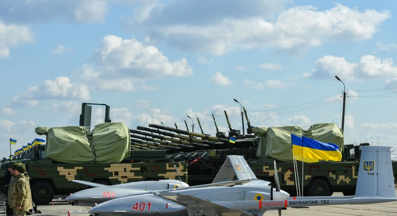 Bayraktar TB2 UAVs is seen during the test flight at the military base located in Hmelnitski, Ukraine on March 20, 2019.