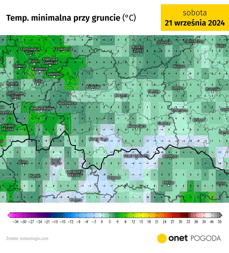 Prognozowana temperatura przy gruncie w nocy z piątku na sobotę na krańcach południowych