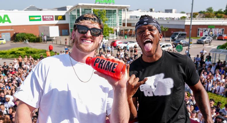 Logan Paul (left) and KSI with a bottle of Prime.AP
