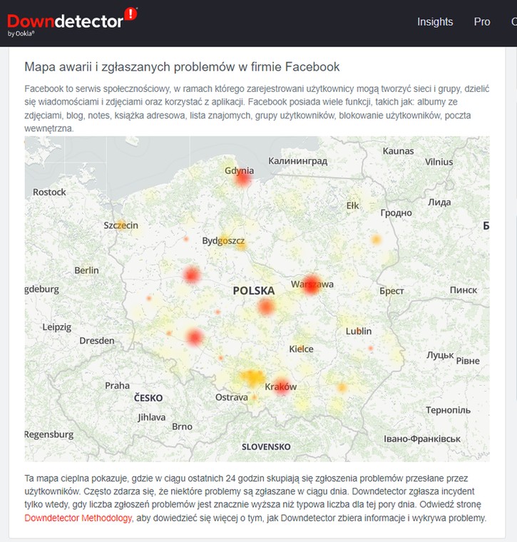 Mapa zgłoszeń awarii serwisów społecznościowych 28 października 2022 r. 