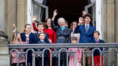 Members of the Danish royal family wave from the balcony of Amalienborg Palace on April 16, 2018.Patrick van Katwijk/Getty Images