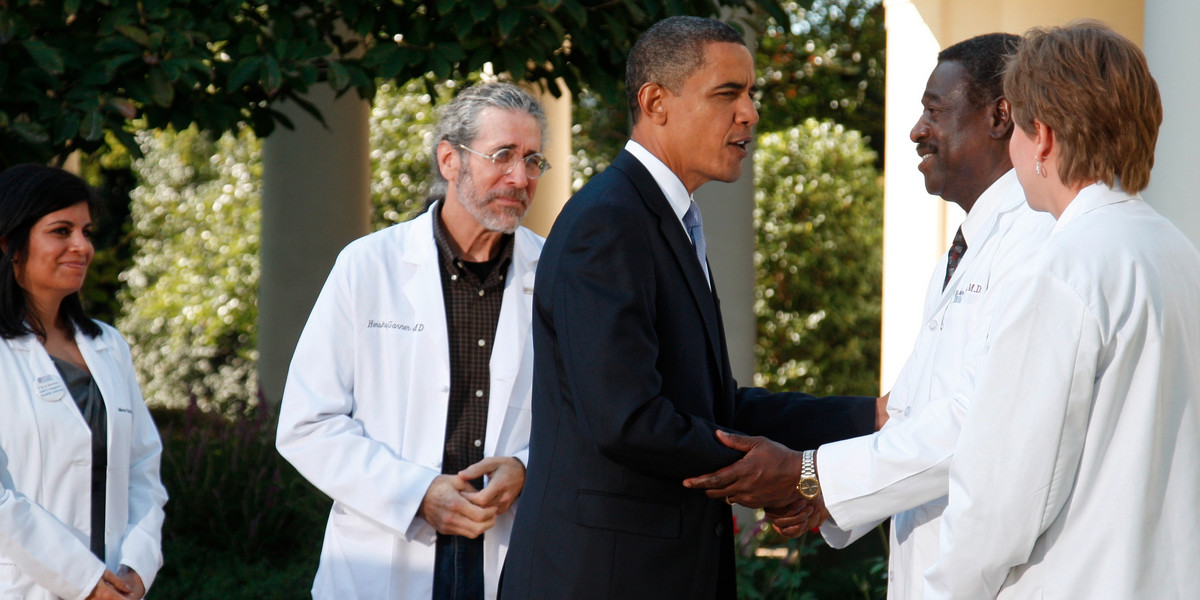 President Barack Obama with doctors at the White House in 2009 after delivering remarks on the need for health-insurance reform.