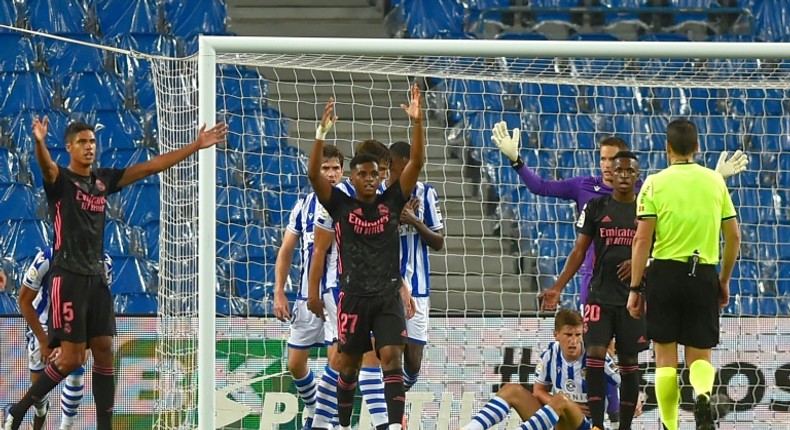 Real Madrid players appeal in vain for a penalty against Real Sociedad