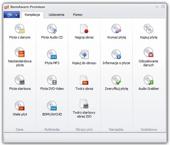 Główne okno programu do nagrywania płyt CD, DVD i Blu-ray - BurnAware Premium
