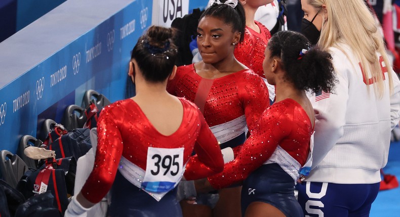 Simone Biles after her performance on vault during the women's team final on July 27, 2021 in Tokyo.
