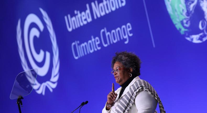Barbados's Prime Minister Mia Amor Mottley delivers a speech during the opening ceremony of the UN Climate Change Conference COP26 at SECC on November 1, 2021 in Glasgow, United Kingdom.
