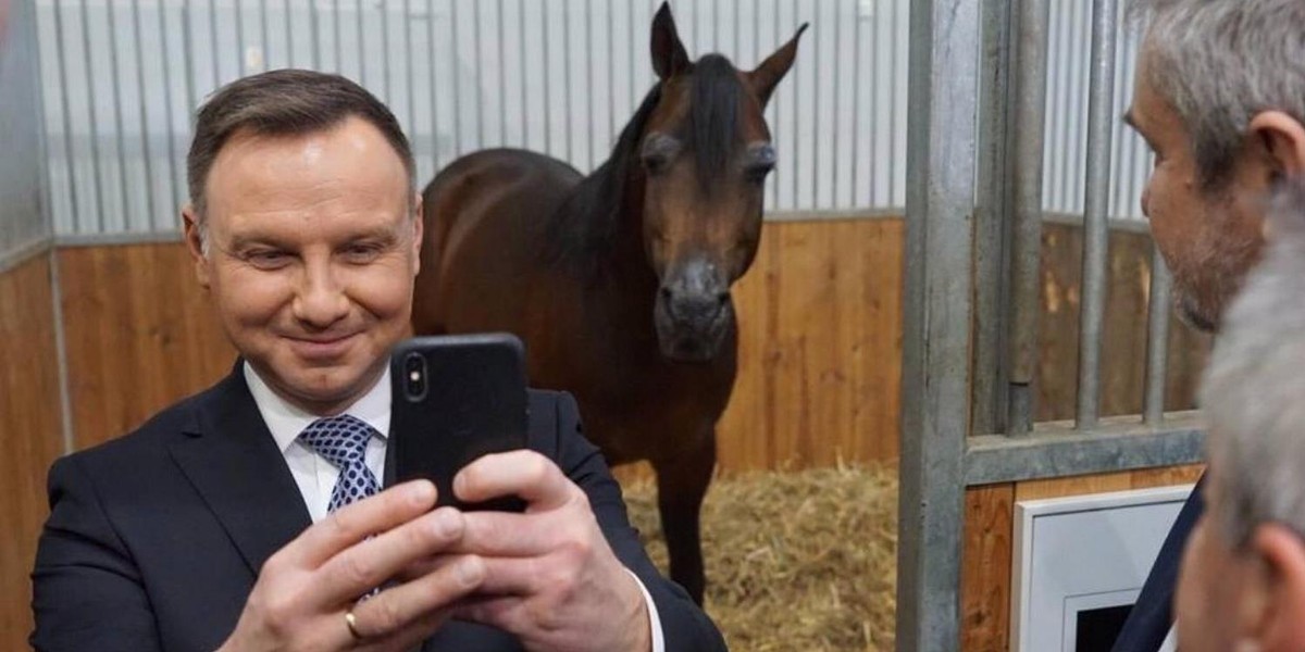 Andrzej Duda robi selfie z koniem