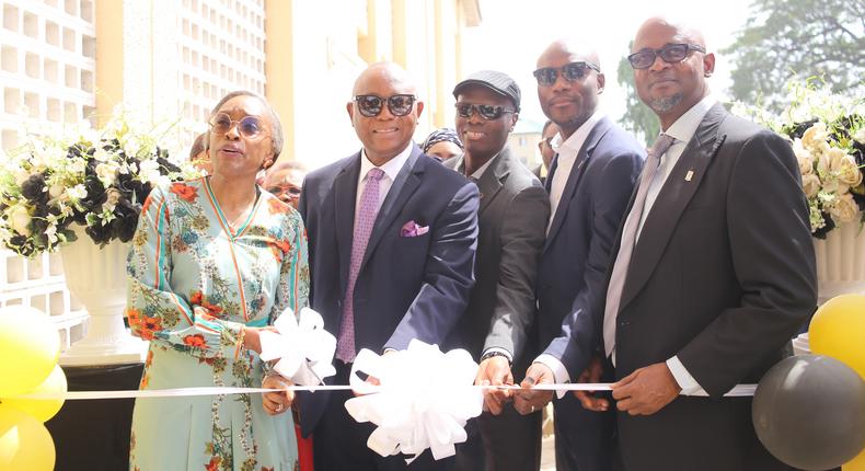 L-R: Board Chair Guinness Nigeria PLC, Dr. Omobola Johnson; Chief Medical Director, Special Guest of Honour, Prof Chris Bode; Corporate Relations Director Guinness Nigeria PLC, Mr. Rotimi Odusola; Incoming Managing Director, Guinness Nigeria PLC, Mr. Adebayo Alli; Chief Medical Director, LUTH, Prof Wasiu Lanre Adeyemo, FAS cut the ribbon to commission the remodelled Guinness Eye Clinic.