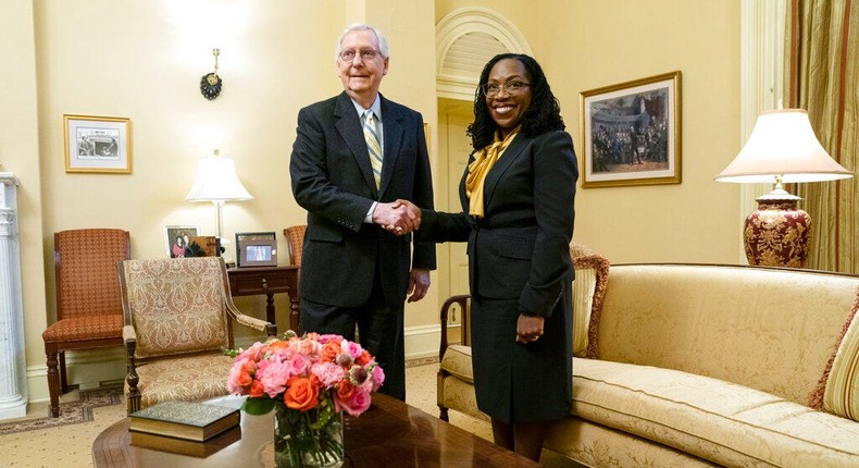 Supreme Court nominee Ketanji Brown Jackson meets with Senate Minority Leader Mitch McConnell on Capitol Hill on March 2, 2022.