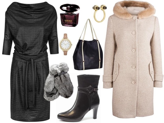 Sukienka - Midori Feminine Fashion/midori.pl, buty - Caprice/caprice.pl, płaszcz - Bialcon/bialcon.pl, rękawiczki - Gena/gena.pl, torba - Boca/boca.pl, zegarek - Tkmaxx/tkmaxx.pl, pierścionek - Tkmaxx/tkmaxx.pl, perfumy - Versace