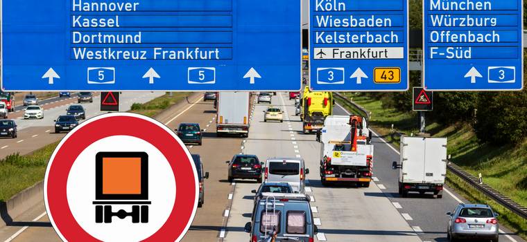 Znak z pomarańczową ciężarówką na niemieckich drogach. Lepiej go nie ignorować