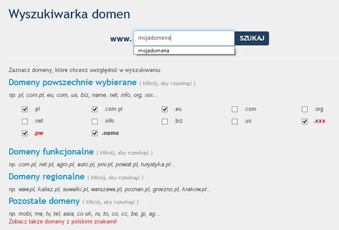 Wyszukiwarka wolnych domen na stronie Cal.pl