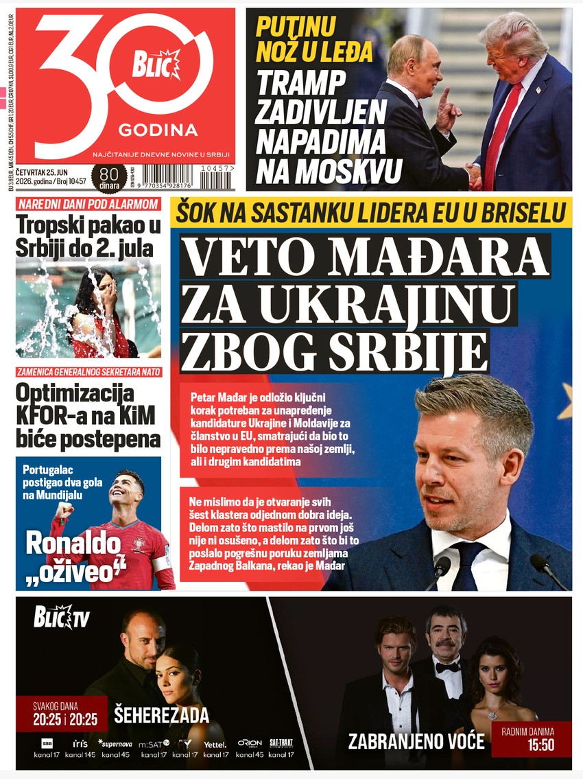 Blic naslovna strana za 25.6.